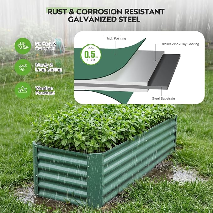 6×2×1.4ft Galvanized Raised Garden Bed Kit, Metal Planter Boxes Outdoor, High Raised Beds for Vegetables, Fruits, and Flowers - LotusGreen