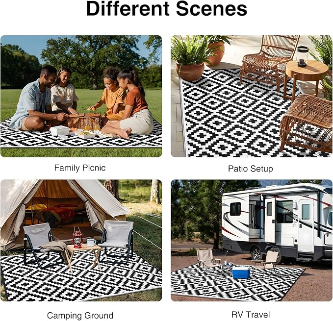 OLANLY Waterproof Outdoor Rug 9x18 ft, Outdoor Plastic Straw Rug for Camping, RV Mat Outside, Indoor Outdoor Carpet for Porch, Deck, Backyard, Balcony, Picnic, Black & White