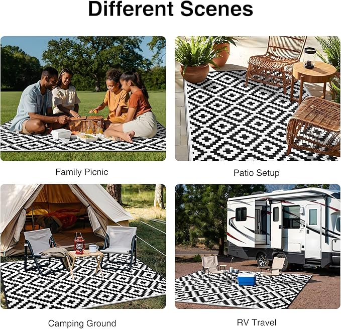 OLANLY Waterproof Outdoor Rug 6x9 ft, Outdoor Plastic Straw Rug for Camping, RV Mat Outside, Indoor Outdoor Carpet for Porch, Deck, Backyard, Balcony, Picnic, Black & White