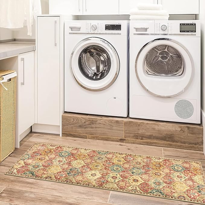 Lahome Moroccan Washable Runner Rug, 2x6 Soft Kitchen Runners for Hallways | Trellis 6 Feet Non Slip Vintage Laundry Room Rug Ultra-Thin Carpet for Bathroom Bedroom Entryway Elise, Red Orange