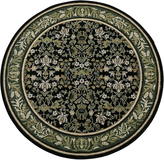 GarveeHome Round Rugs 5ft Washable Circle Rug for Living Room, Green Black | Boho Vintage Non Slip Soft Low Pile Stain Resistant Indoor Carpet for Bedroom Dining Room Kitchen Entryway Office