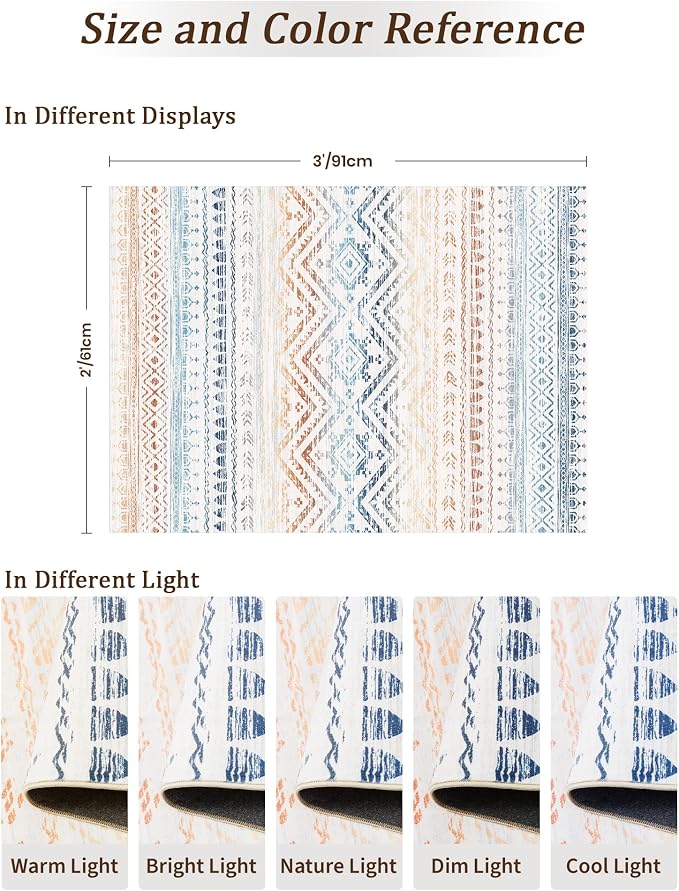 Miukiki 2x3 Entryway Rug Washable Non Slip Moroccan Area Rugs Multi | Soft Low Pile Kitchen Rug for Bedroom Bathroom Floor, Indoor Small Rug Easy Clean Machine Washable Rugs 2'x3'
