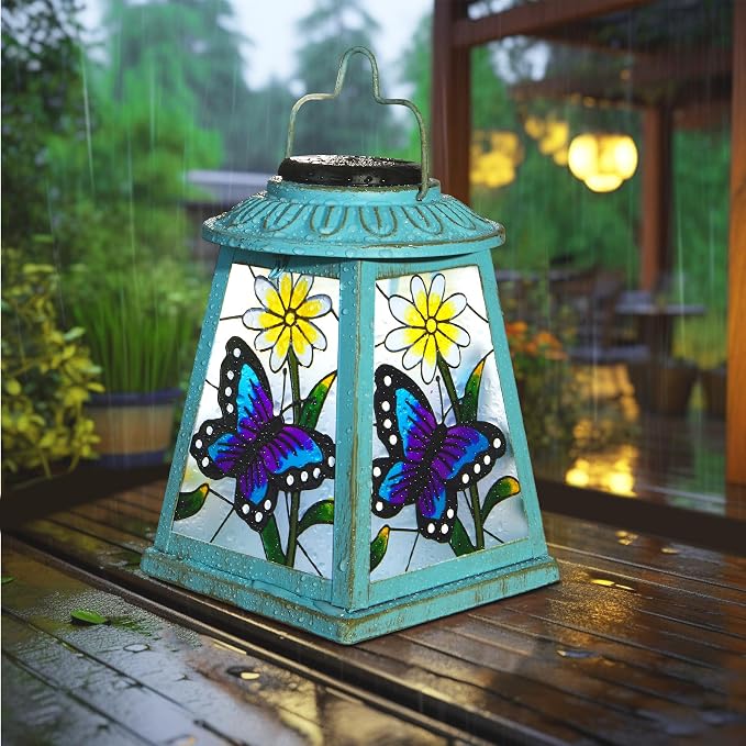 Butterfly Solar Lantern with Shepherd Hook, Outdoor Hanging Metal LED Garden Light Waterproof for Patio Yard Pathway, Butterfly Lantern Decor and Christmas Holiday Gift for Mom Grandma Women | Butterfly metal solar lantern with shepherd hook, S-hook, I...