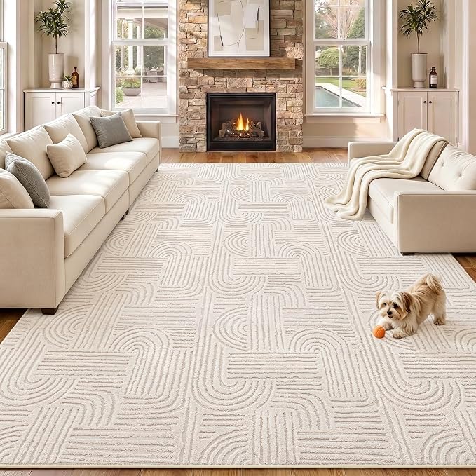 Etwel 8x10 Beige Modern Geometric Textured High-Low Pile Washable Area Rug | Soft Carpet, Non-Slip PVC Backing, Low Profile, Kid and Pet Friendly, for Living Room, Bedroom, Dining Room, Nursery