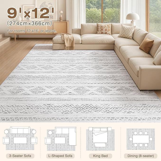 Tortania Area Rug Living Room Rugs - 9x12 Washable Large Soft Neutral Boho Moroccan Bohemian Farmhouse Rug Indoor Floor Carpet for Bedroom Under Dining Table Home Office Decor - Ivory Gray