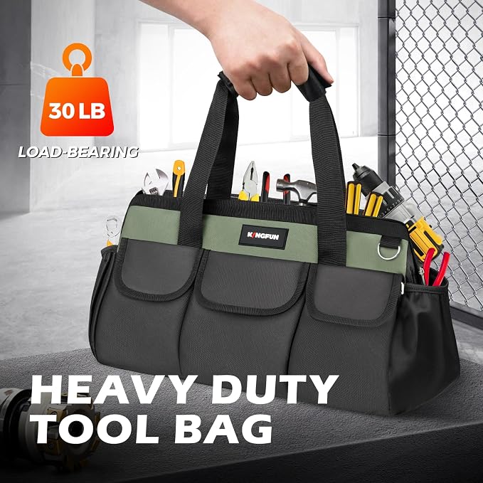 Kingfun 16 Inch Heavy Duty Wide Mouth Tool Bag with 14 Pockets | Adjustable Shoulder Strap & Padded Handle, Durable Tool Storage Bag for Electricians, Mechanics & more (Green)