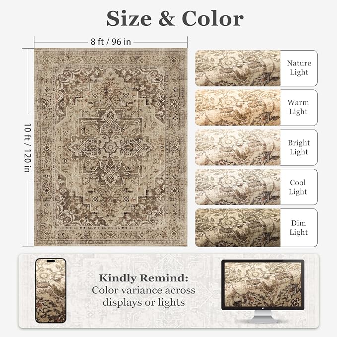 8x10 Brown Medallion Rugs for Living Room, Vintage Transitional Washable Large Rug for Bedroom Under Bed, Low Pile Thin Soft Carpet Rugs for Dining Room Office, Earth Tone Taupe Brown Black