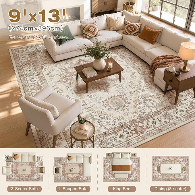 DTICON Vintage Washable 9x13 Area Rug Living Room Rugs, Beige | Boho Distressed, Pet & Kid Friendly, Non-Slip Backing, Soft Polyester, Low-pile Carpet for Living Room, Bedroom, Dining Room