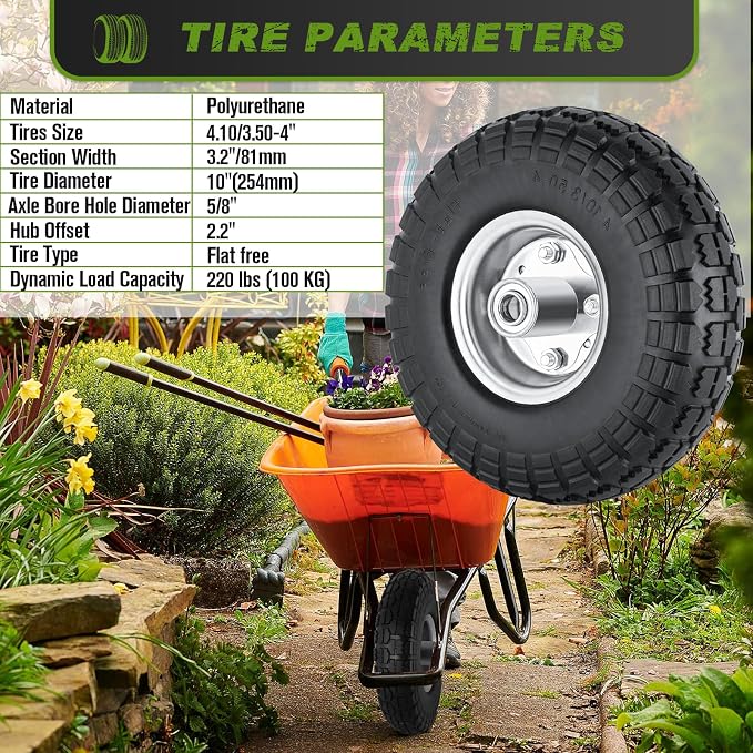 4 Pcs 4.10/3.50-4" Tire and Wheel Flat Free, 10 Inch Solid Rubber Tires with 5/8" Axle Bore Hole, 2.2" Offset Hub for Hand Truck, Wheelbarrow, Gorilla Cart, Garden Wagon Cart, Dolly, Utility Cart