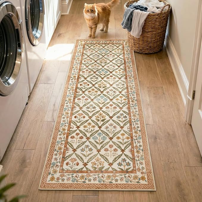 jinchan Runner Rug 2x6 Vintage Floral Washable Hallway Area Rug, Terracotta | Soft & Lightweight, Checkered Floral, Low Pile, Non Slip, Entryway, Kitchen, Bedside, Laundry Room, Cottage Decor