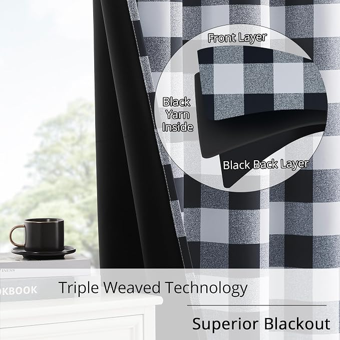 Black and White Buffalo Plaid 100% Blackout Curtains for Bedroom/Living Room, Energy Saving & Privacy, Noise Reducing, Grommet, W52×L96, 2 Panels