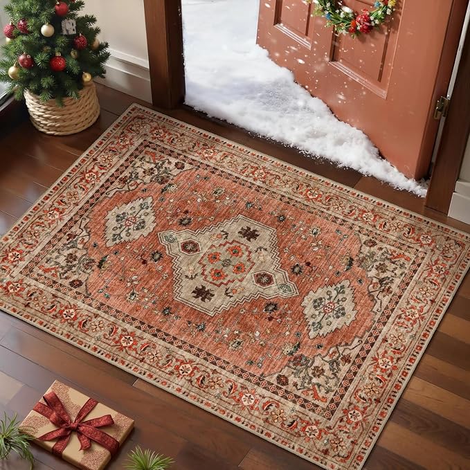Tangsoo Boho Small Area Rug, 2x3 Washable Throw Rugs for Entryway, Non Slip | Oriental Indoor Front Door Rug Mat, Vintage Terracotta Soft Low Pile Small Carpet for Entry Entrance Kitchen Bathroom Decor