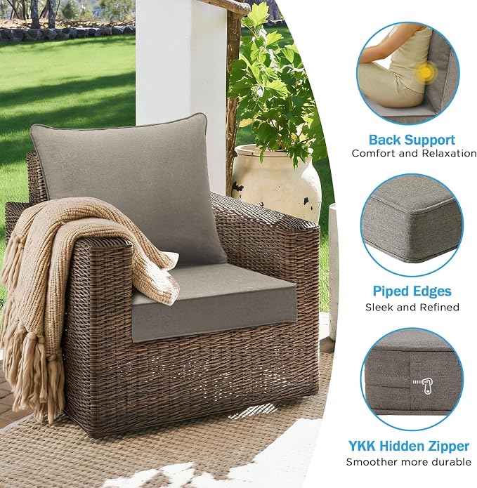 Sunbrella Outdoor Deep Seat & Back Cushion Set (2-Pack), 24 x 24 Inch Water Repellent and Fade Resistant Patio Furniture with Removable Cover for Outside Sofa Couch, Cast Shale