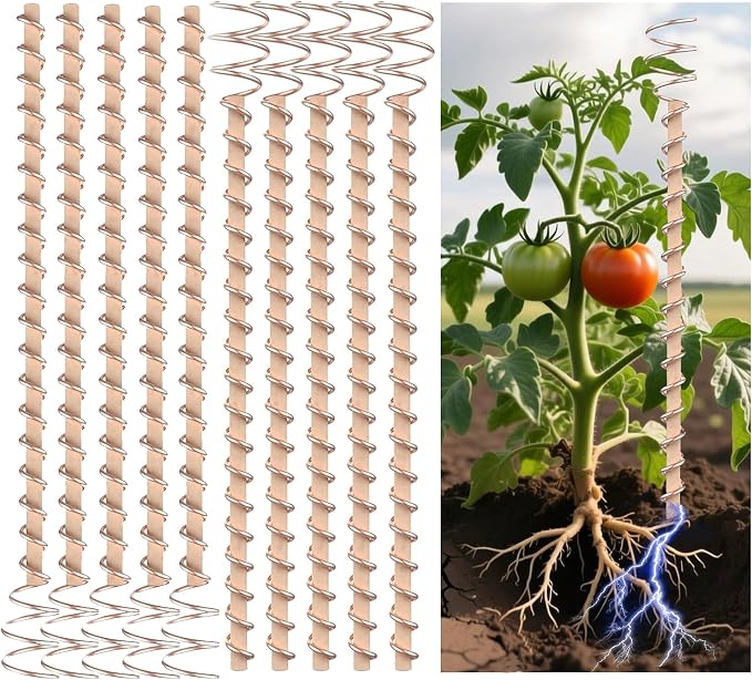 17" Electroculture Plant Stakes, 10 Pack Long Available Copper Garden Stake, Electroculture Copper Coil Wire Antennas, Tensor Rings Kit for Growing Vegetable Garden Plants, High-Yield