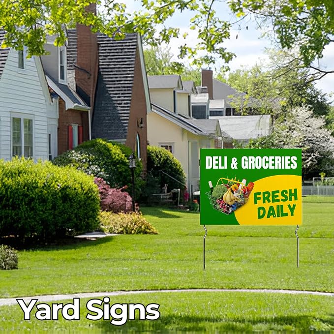 Deli & Groceries - Fresh Daily! Yard Sign by DC | 24"x18" Double Sided Conv. Store Garden Sign with 13” Metal Stakes | Outdoor Signs Waterproof for Lawn, Patio, Sidewalk & House | Set of 5