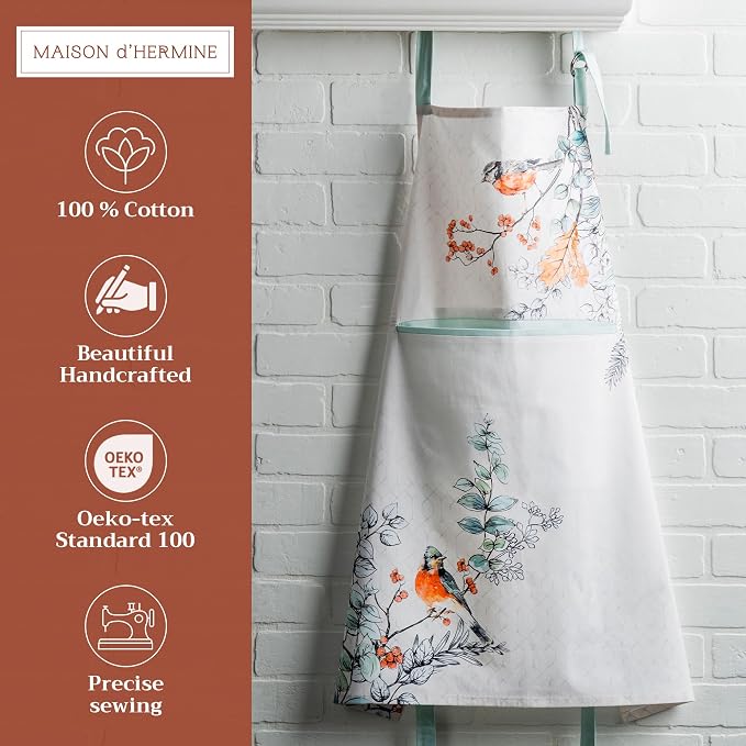 Maison d' Hermine Aprons for women with Pocket 100% Cotton (27.50"x31.50") | Adjustable Neck Strap & long ties Apron Men Chef Wedding Cooking Gardening Server Maid