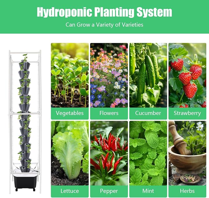 70 Holes Indoor Hydroponic Grow Tower with 8 LED Lights, 14 Layer Vertical Hydroponic Gardening Tower with Wheels, Timer, Garden Growing System Kit or Home, Office, Balcony, Kitchen, 84.64'' H