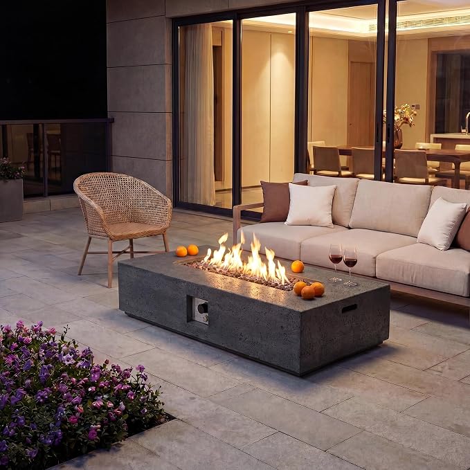 COSIEST 56-inch x 28-inch Outdoor Propane Fire Pit Coffee Table w Concrete Rectangle Base, 50,000 BTU, Free Lava Rocks and RainCover, Fits 20lb Tank Outside, Gray