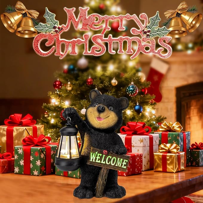 Juegoal Garden Bear Statue with Solar LED Lantern, Luminous Welcome Sign, Gifts for Mom Yard Art, Whimsical Figurine Large Sculpture Lighted Outdoor Mother's Day Spring Decorations for Lawn, Porch