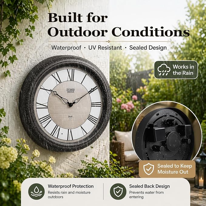 Pytha Sight 18 Inch Outdoor Clocks Waterproof, Atomic Analog Large Roman Numerals Outdoor Wall Clock with Light Sensor, Silent Non-Ticking Outdoor Clock for Patio Garden Porch Pool