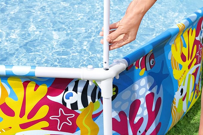 Bestway Steel Pro Frame Pool with Sun Protection Roof Splash-in-Shade Without Pump Diameter 183 x 51 cm Colourful Underwater Design Round