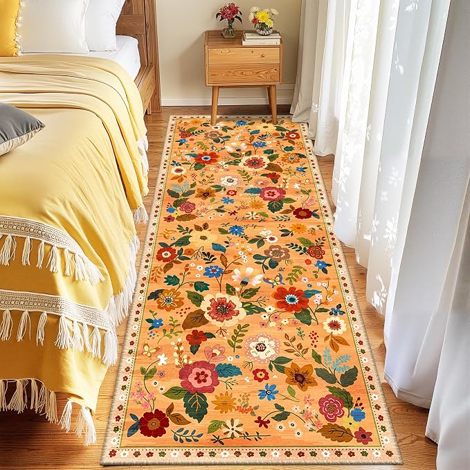 Floral Washable 2x6 Area Rugs Runner Entryway Hallway Orange/Yellow/Red | Flower Carpet, Print, Boho, Non-Slip, Easy to Clean, Low Pile, Soft, for Living Room Bedroom Kitchen Office Entrance