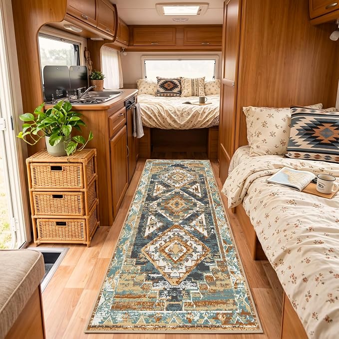 Washable 2x6 Runner Rug, Rustic Farmhouse Low-Pile Non-Slip Carpet, Stain Resistant Vintage Southwestern Rug for Kitchen Hallway Bathroom Bedroom Beside Laundry Room RV Interior, Blue Rust Ivory