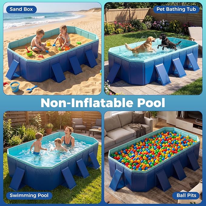 Goplus Foldable Non-Inflatable Swimming Pool, Portable Rectangle Around Ground Pool with 24 Hard Shell, Drain Hose, Outdoor Collapsible Kiddie Pool for Backyard Garden (Navy+Green,88x50 in)