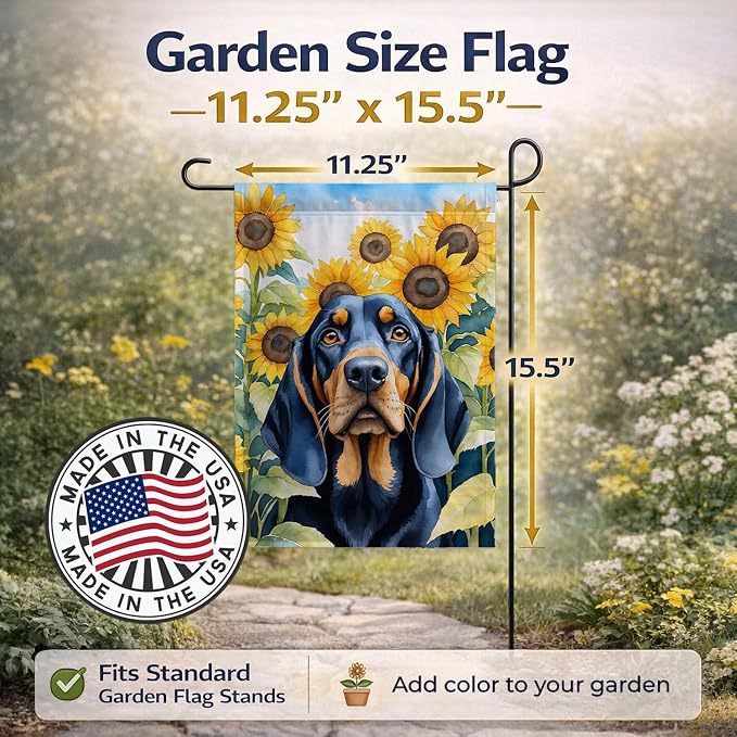 Caroline's Treasures DAC6028GF Black and Tan Coonhound in Sunflowers Garden Flag Mailbox Flag Decorative Yard Flag Banner Outside Patio Artwork Yard Flower Beds, Garden Size, Multicolor