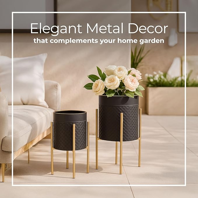 Decorative Flower Pots with Metal Stand for Home Decor - Modern Planters for Hallway, Entryway, and Living Room Decor - Indoor and Outdoor Pots for Plants - Set of 2, 23", 19", Black & Gold