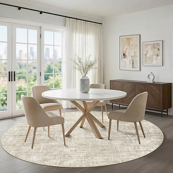 LOONGRUG Round Rug 5x5 Washable Neutral Modern Rug for Living Room Brown | Circle Abstract Soft Stain Resistant Indoor Non-Slip Carpet for Bedroom Nursery Kids Office Playroom