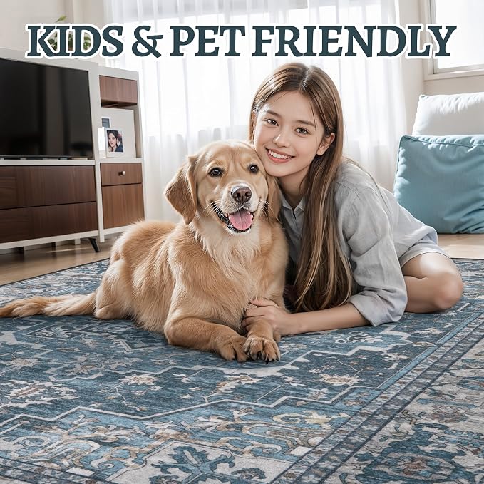 Tangsoo Farmhouse 3x5 Rugs, Washable Non Slip Accent Rugs for Entryway Blue | Farmhouse Indoor Carpet,Boho Soft Low Pile Oriental 3x5 Area Rug for Living Room Dorm Bedroom Bedside Bathroom Entrance Decor