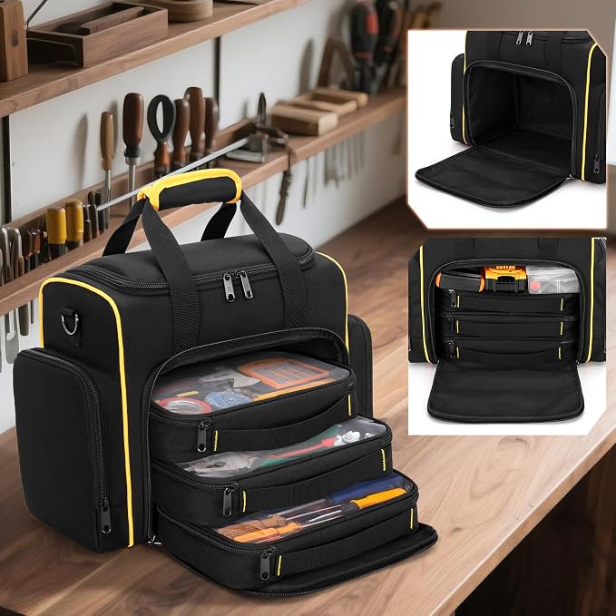 Marscamd Tool Bag with 3 Removable Cases, 2 Layers Tool Tote for Hand Tools, Black with Yellow Binding