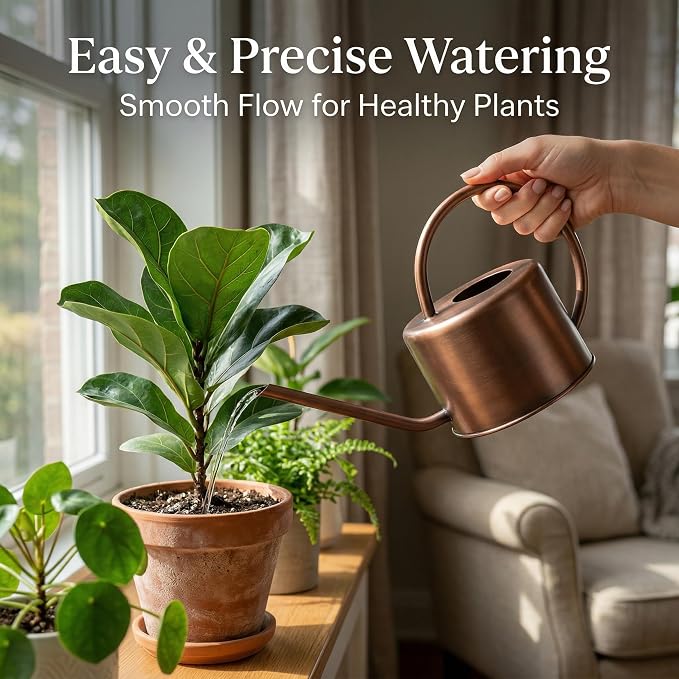 Topadorn 1.3L Metal Watering Can with Long Spout, Bronze Indoor Plant Watering Can, Rust-Resistant Garden Watering Can with Ergonomic Handle