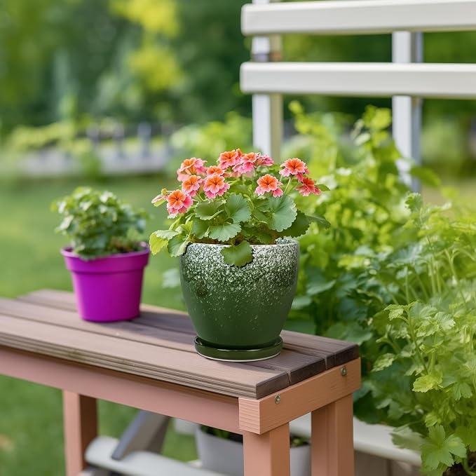 6 Inch Plant Pot - Ceramic Plant Pots with Drainage Hole and Saucer, Ceramic Planter for Indoor Outdoor Plants, Round Modern Planter, Room House Decor, Gifts for Women Men, Green