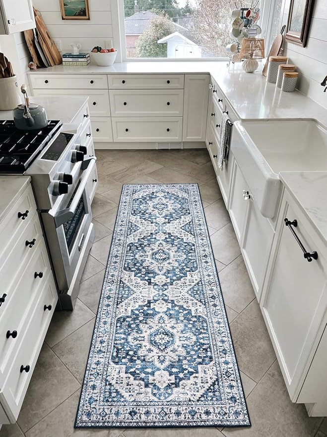 Moynesa Blue Vintage Floral Medallion Runner Rug, 2'6" x 8', Machine Washable, Non-Slip, Pet Friendly, High-Traffic Areas