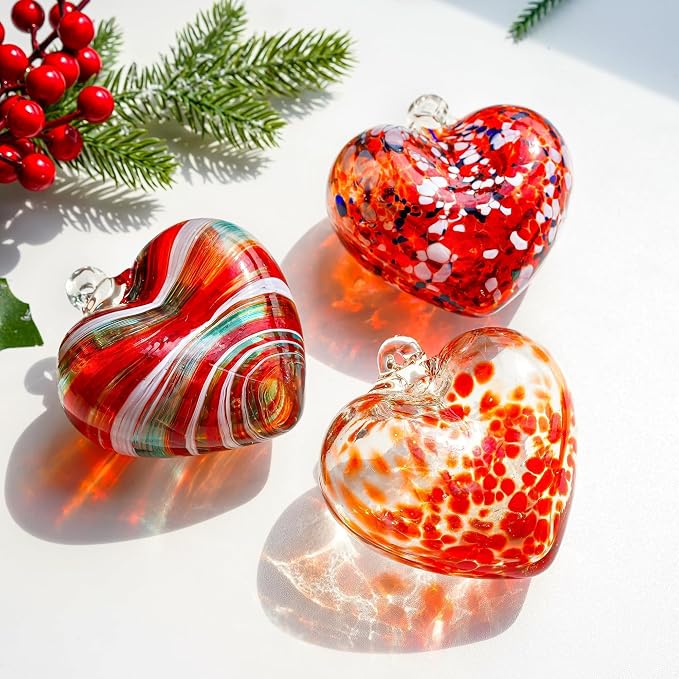 Hand Blown Glass Red Heart Ornaments Hanging Friendship Hearts for Outdoor | Thickened Shatter-Resistant Hand Blown Glass, Garden Tree Wedding Party Hanging Ornament