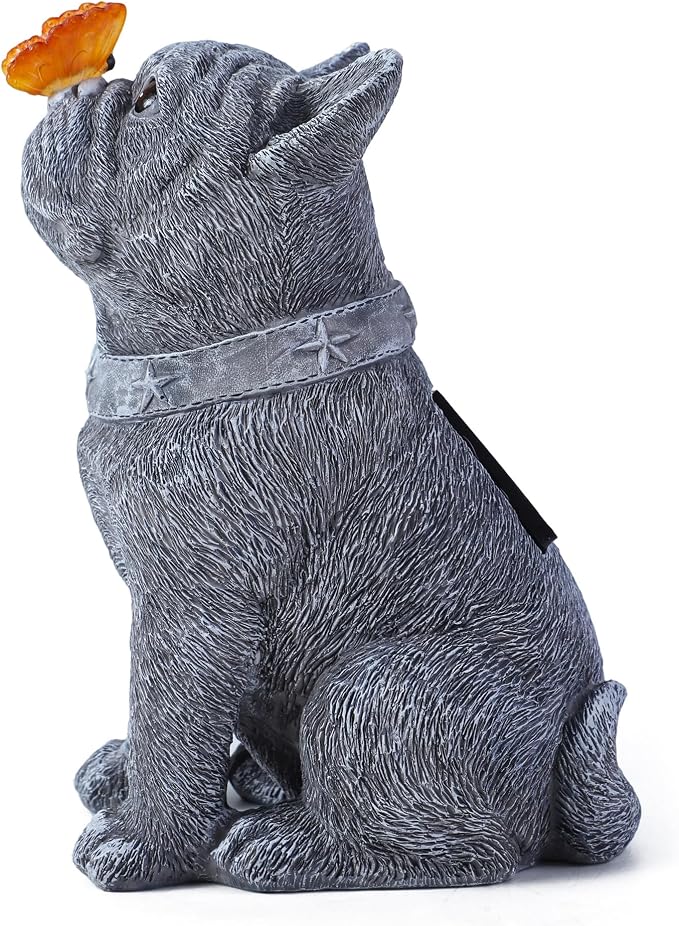 Solar French Bulldog Garden Statue with Butterfly, Outdoor Frenchie Sculpture Decor for Patio, Yard & Lawn, Unique French Bulldog Gifts & Dog Memorial Statue,10 Inch, Resin (Grey Stone)