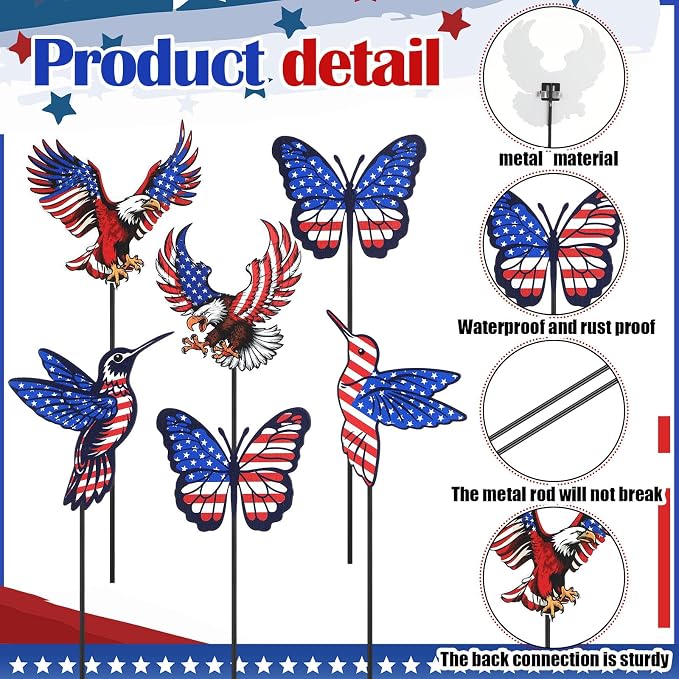 Pickmesh 6 Pcs 12" H 4th of July Outdoor Decor Patriotic Yard Decor Red White Blue Garden Stake Metal Yard Sign 250th Anniversary USA Flag Eagle American for Outdoor Independence Day Decoration