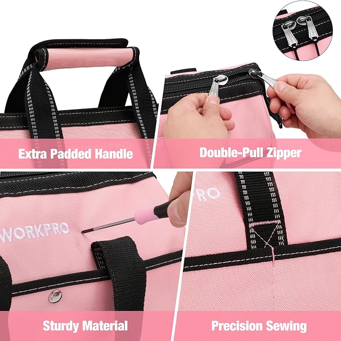 WORKPRO 13-Inch Tool Bag, Pink Soft Cloth Tool Storage Bags, Wide Mouth Tool Tote Bag with Inside Pockets - Pink Ribbon | Soft Cloth, Wide Mouth, Tool Tote Bag