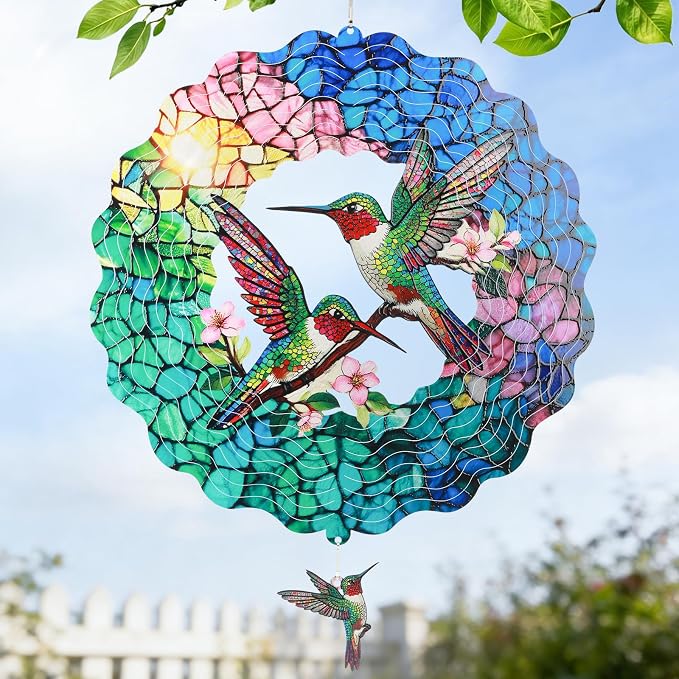 Hummingbird Wind Spinners Outdoor, IDEA SHOW 12In Mental Wind Spinners, 3D Kinetic Hanging Spinners Sculpture, Hummingbird Gift for Women Mom, Garden Decor Ornaments for Patio Yard Art