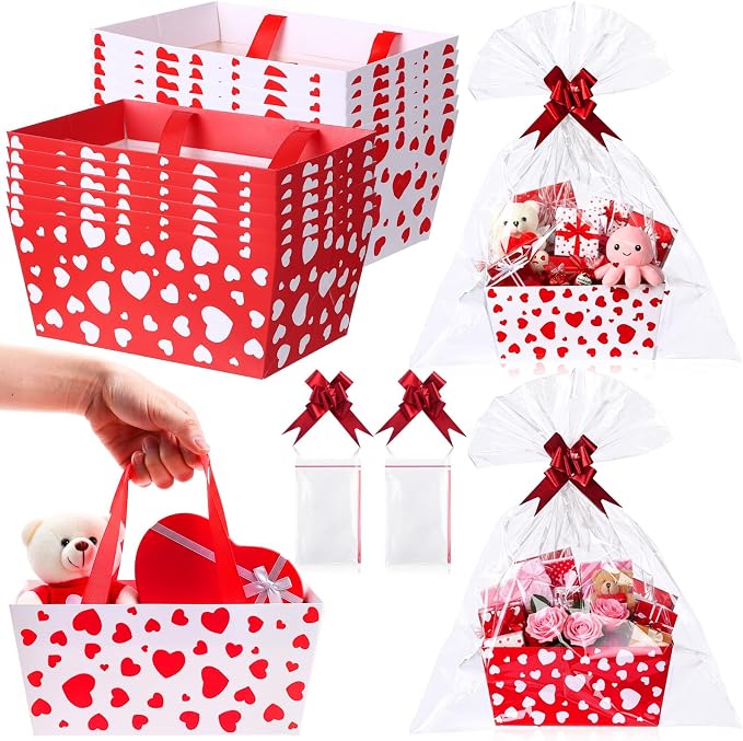 Qinyoung 12 Pack Valentine's Day Baskets for Gifts Empty Red White Heart Gift Basket with Handles, Pull Bows, Cellophane Bags and Twist Ties for Valentine Party Favor Supplies, 9.8 x 6.5 Inch