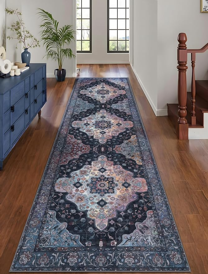 Tangsoo 2.6x8 Washable Hallway Runner Rugs, Non Slip Vintage Runners Rug | Oriental Soft Low Pile Long Runner Rug, Boho Carpet Runners for Hallway Kitchen Bedroom Entryway Bathroom Navy/Multi Decor