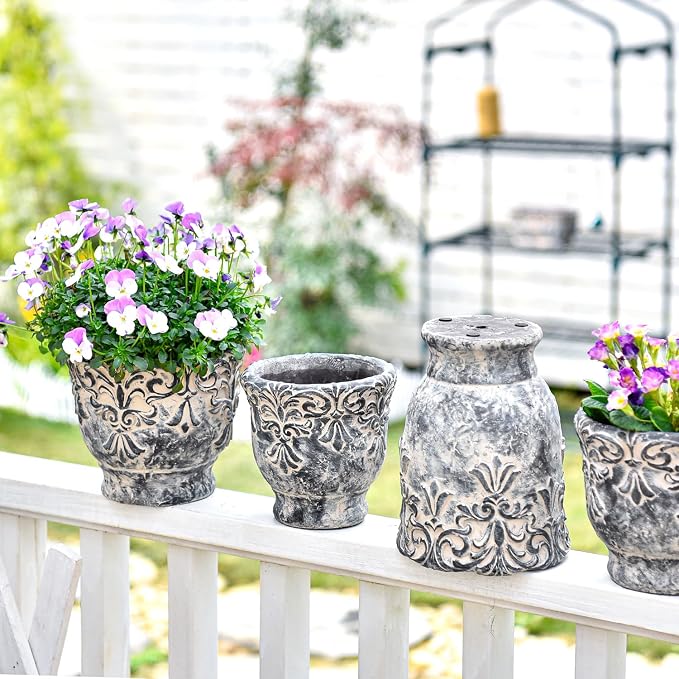 Sungmor 7.3 Inch Cement Plant Pot for Plants, Succulent Planter with Embossed Design, Vintage Concrete Flowerpots with Drainage Hole, Decorative Orchid Houseplant Pot Indoor Outdoor Plant Container
