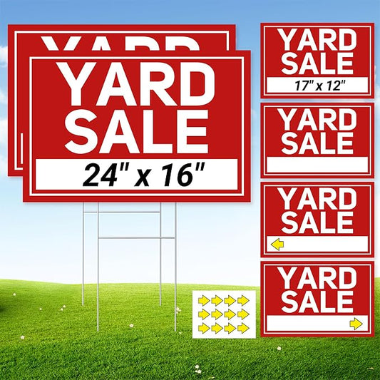 6 Pcs Yard Sale Signs with Stakes, 2-Pack Extra-Large Yard Signs 24" x 16" and 4-Pack Large Sign 17" x 12", Double-Sided Waterproof Business Signage for Yard Sale Kit and Supplies