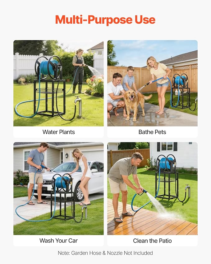 VEVOR Freestanding Garden Hose Reel, Holds 200 Feet of 5/8-inch Hose, Wall Mount or Ground Mount, Detachable Holder Stand with Storage Rack, 5 ft Leader Hose, Brass Fitting, 4 Spikes, for Backyards