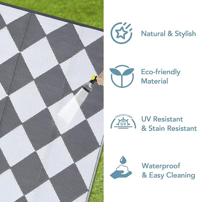 Garvee 9x12 Outdoor Rug for Patio Plastic Straw Rug Waterproof Reversible Mat Lightweight Foldable Carpet Easy Clean Large Rugs for Patio Porch Backyard Camping RV Beach Balcony Deck Checkered Grey