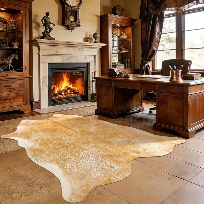 3x4Ft Beige Faux Cowhide Rug - Washable Non Slip Western Rustic Area Rugs for Living Room Bedroom, Small Cow Print Accent Rug, Layering Throw for Office Desk, Vintage Farmhouse Decor