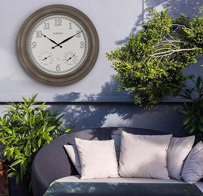CLXEAST 24 Inch Self-Illuminated in/Outdoor Atomic Wall Clock with Temperature and Humidity, Oversized Large 24 Inch Wall Clocks for Living Room Decor, Brushed Grey Oak Finish