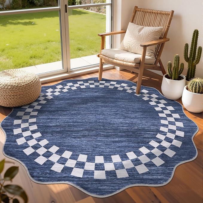 GarveeHome 6ft Washable Round Rug for Entryway Checkered Bedroom Circle Rug | Modern Non Slip Soft Dining Room Round Throw Carpet Large Stain Resistant Border Round Rugs for Living Room Kitchen, Blue
